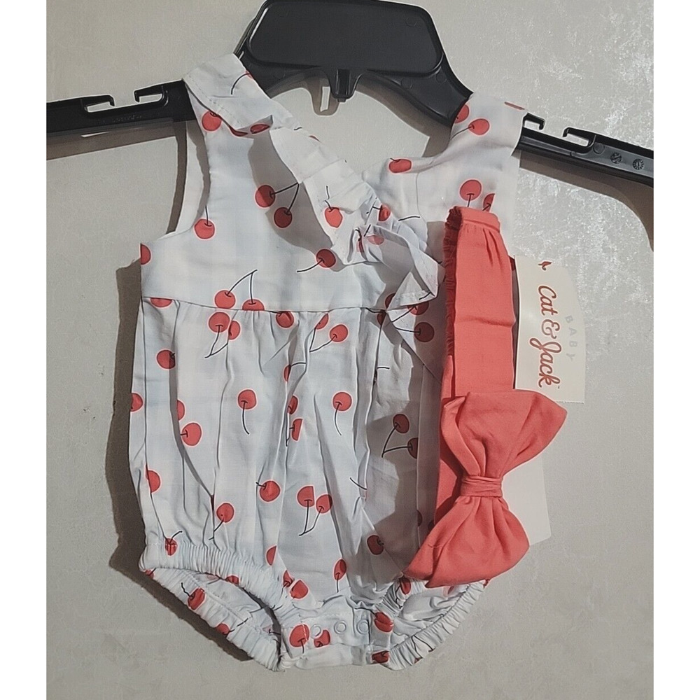 Cat & Jack Infant Baby Girl Romper Cherry Print 3-6 Months Blue White Check Bow